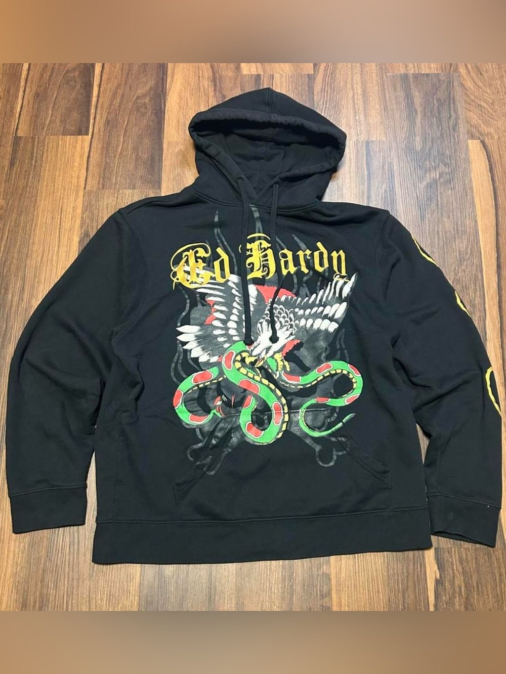Y2K Ed Hardy Black Pullover Hoodie with Eagle and Green-Red Snake Graphic